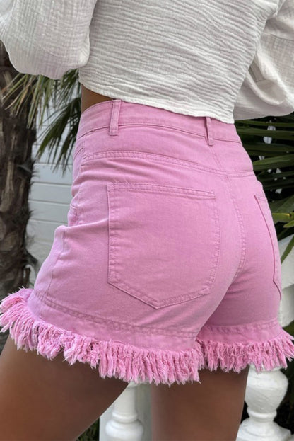 Pink Casual Raw Hem Mid Rise Denim Shorts