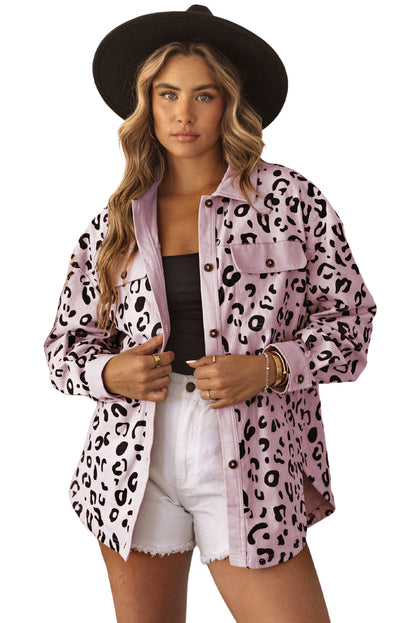 Pink Leopard Collared Neckline Flap Pockets Corduroy Jacket