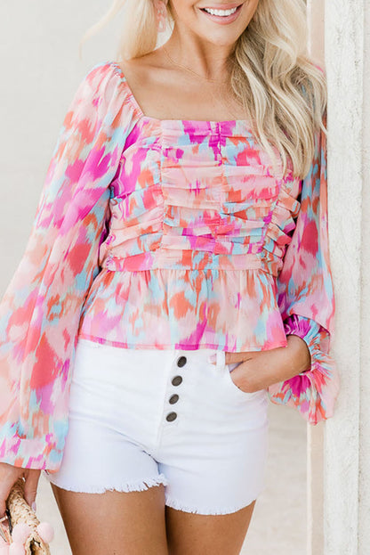 Watercolor Abstract Print Pleated Long Sleeve Blouse