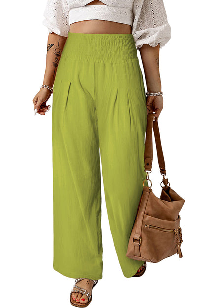 Khaki Smocked Wide Waistband High Waist Wide Leg Pants