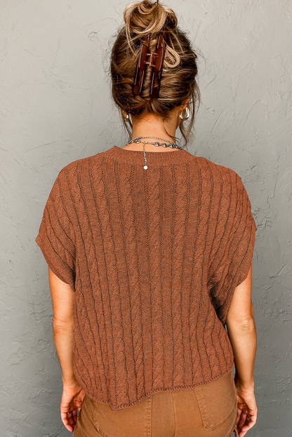 Chestnut Cable Knit Round Neck Short Sleeve Sweater