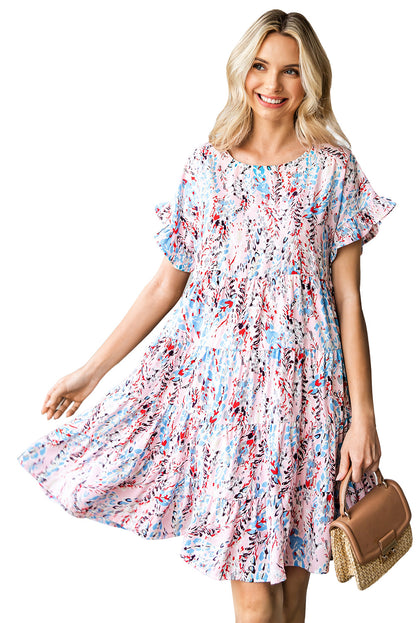 Pink Abstract Print Boho Tiered Ruffled Short Dress