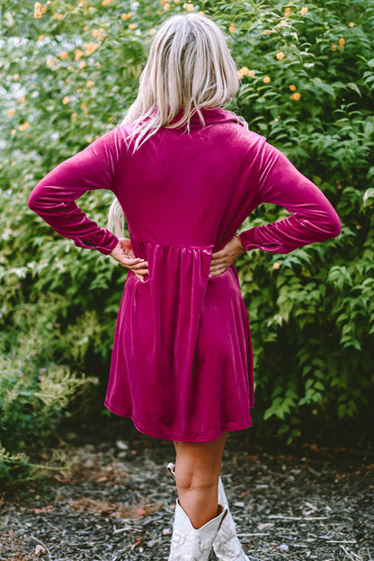 Red Long Sleeve Ruffle Velvet Button Up Shirt Dress