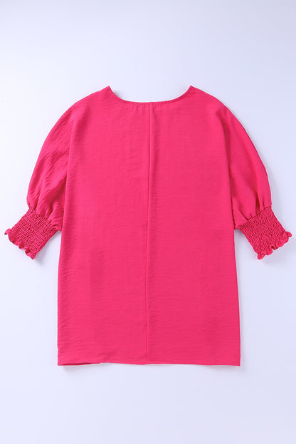 Rosy Solid Casual Smocked Cuffs Top