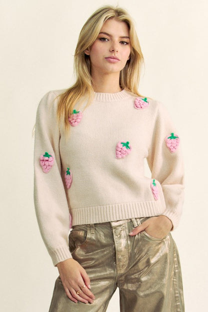 Davi & Dani Crochet Strawberry Round Neck Sweater