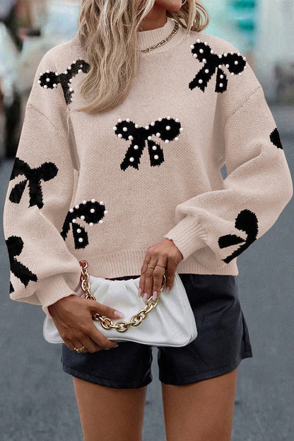 Bright Pink Pearl Embellished Bow Pattern Loose Sweater