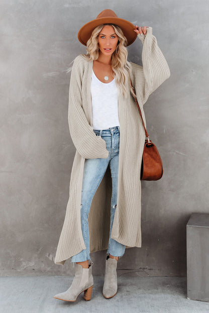 Beige Cable Knit Side Slits Open Front Duster Cardigan