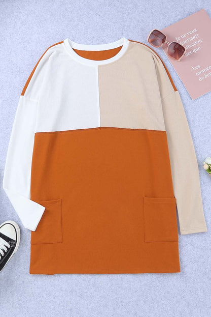 Orange Colorblock Casual Seam Pocket Loose Top