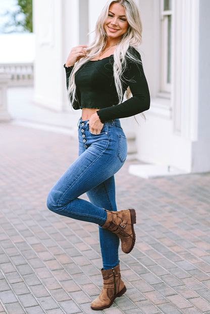 Black Faux Suede Zip Up Buckle Straps Ankle Boots