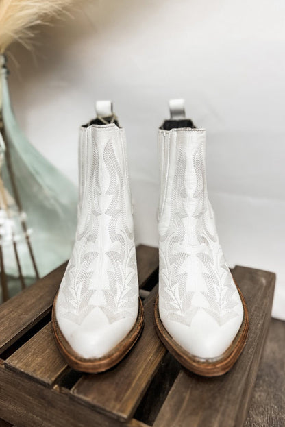 White Embroidered Leather Thick Heel Booties