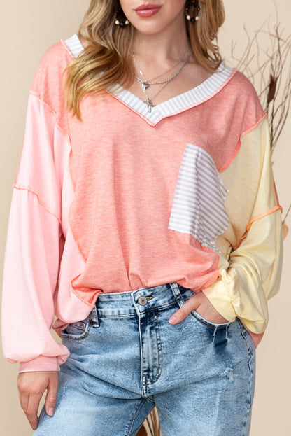 Rose Striped Color Block Splicing Long Sleeve Shirt