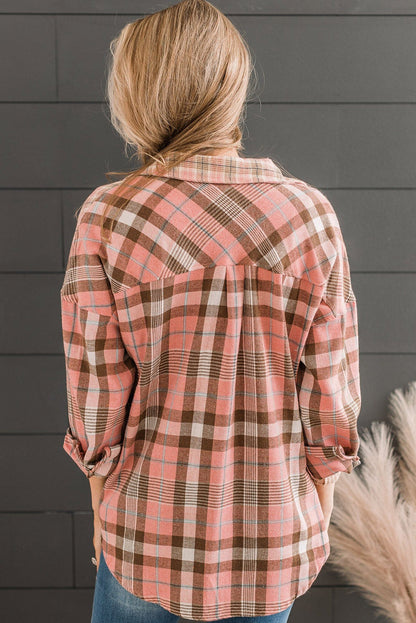 Pink Drop Shoulder Rounded Hem Plaid Pattern Shirt