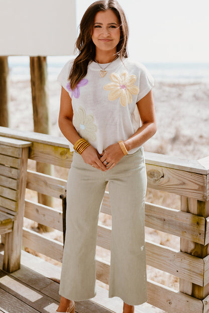 Pink Flower Short Sleeve Crop Knit Tee