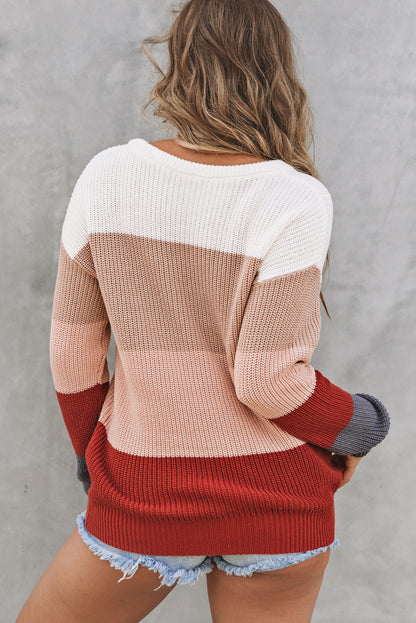 Red Color Block Casual Knit Pullover Sweater