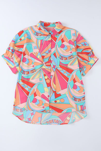 Multicolor Geometric Abstract Print Long Sleeve Shirt Dress