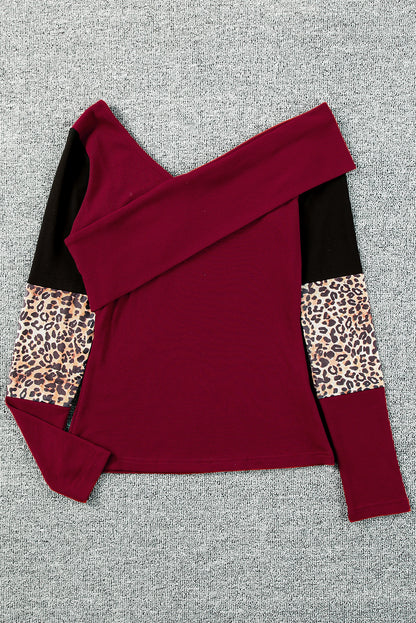 Red Leopard Color Block Casual Ribbed Cross Wrap Shoulder Top