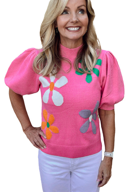 Bright Pink Floral Print Bubble Short Sleeve Knitted Top