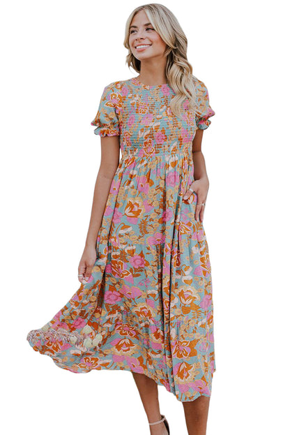 Boho Wide Sleeve Smocked Waist Floral Dress