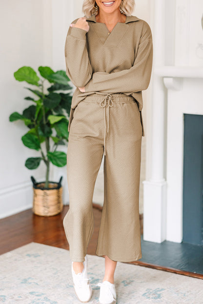 Textured Collared Neck Top and Wide Leg Pants Set