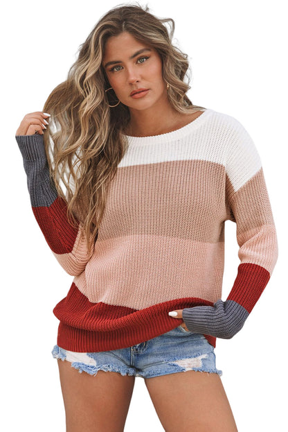 Red Color Block Casual Knit Pullover Sweater