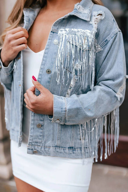 Blue Sequined Fringe Distressed Button Up Denim Jacket