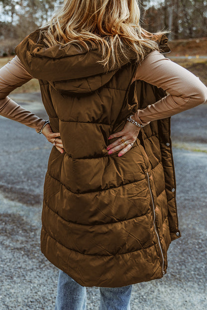 Brown Hooded Pocketed Quilted Long Vest Coat