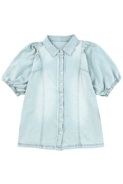 Distressed Bubble Sleeve Denim Shirt