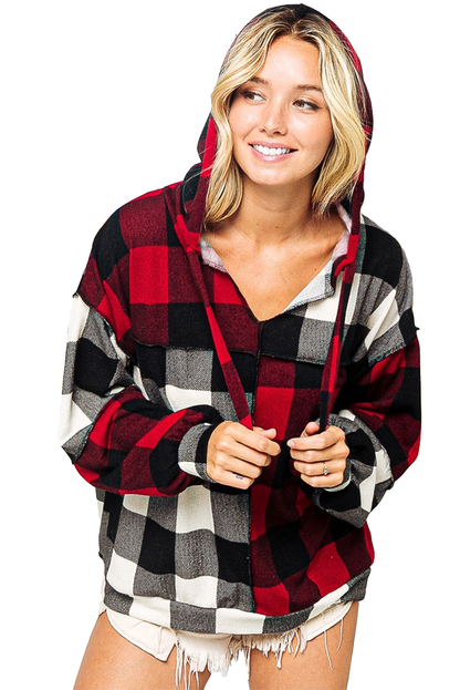 Multicolor Patchwork Buffalo Plaid Hooded Top