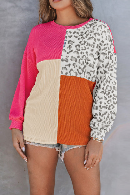 Cheetah Print Color Block Casual Pullover Long Sleeve Top