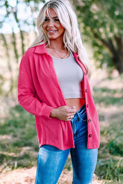 Hot Pink Pocket Buttons Front Waffle Knit Top