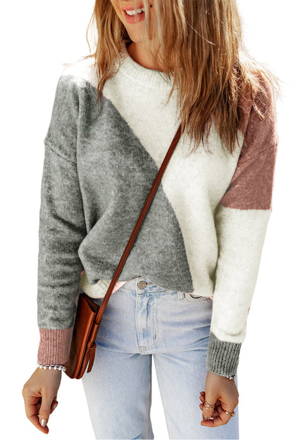 Multicolor Colorblock Ribbed Trim Round Neck Sweater