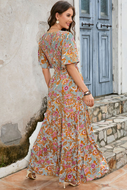 Boho Wide Sleeve Smocked Waist Floral Dress