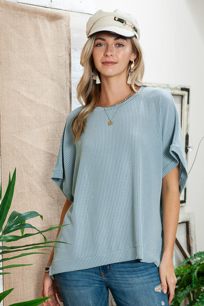 Sky Blue Plain Ribbed Knit Batwing Sleeve Tunic Oversized T Shirt