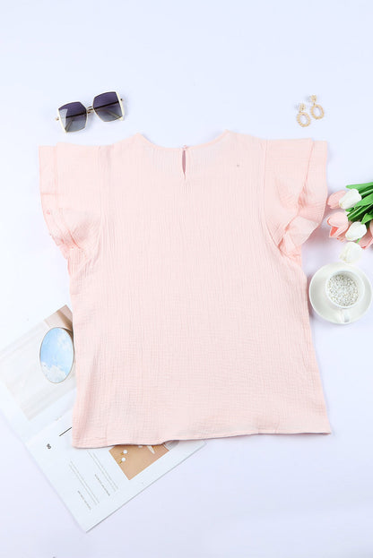 Rosy Crinkled Ruffle Casual Short Sleeve Blouse