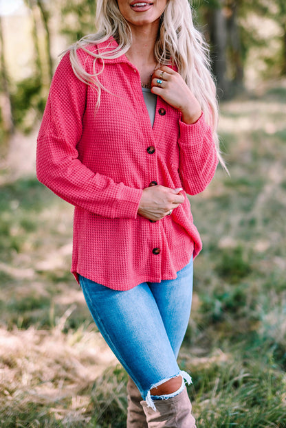 Hot Pink Pocket Buttons Front Waffle Knit Top