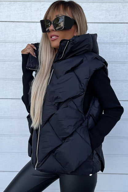 Black Quilted Zipper Front Thermal Hooded Vest Coat