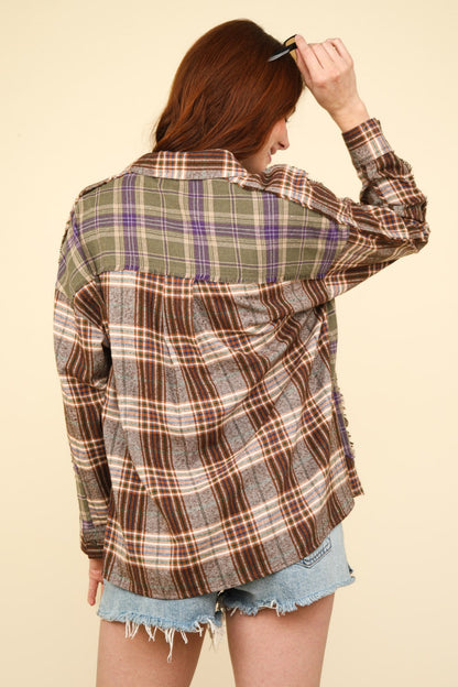 VERY J Contrast Plaid Raw Detail Shirt