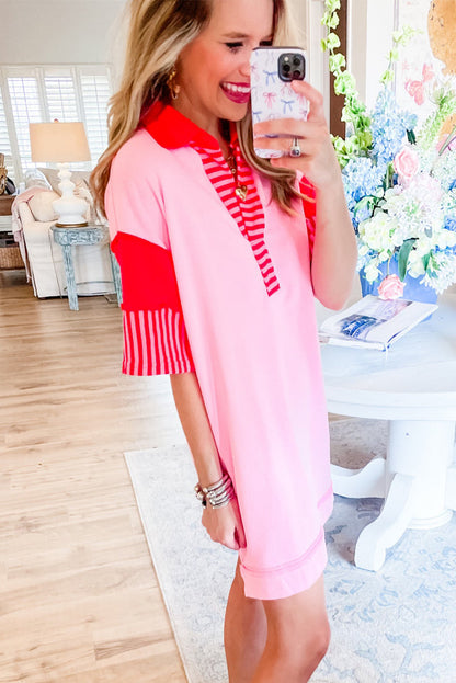 Pink Stripe Colorblock Sleeve Collared Mini Dress