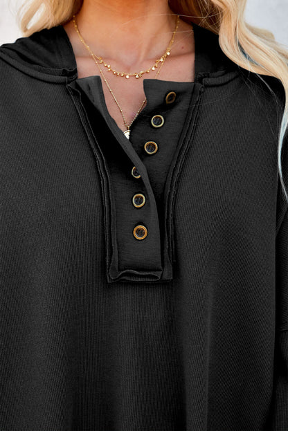 Black Button Front Plain Pullover Hoodie