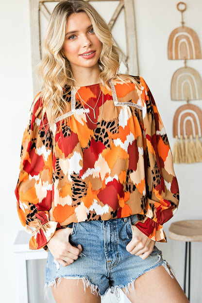 Multicolor Abstract Print Boho Ruffle Long Sleeve Blouse