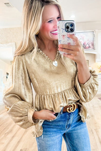 Gold Metallic Velvet Frill V Neck Puff Sleeve Babydoll Blouse