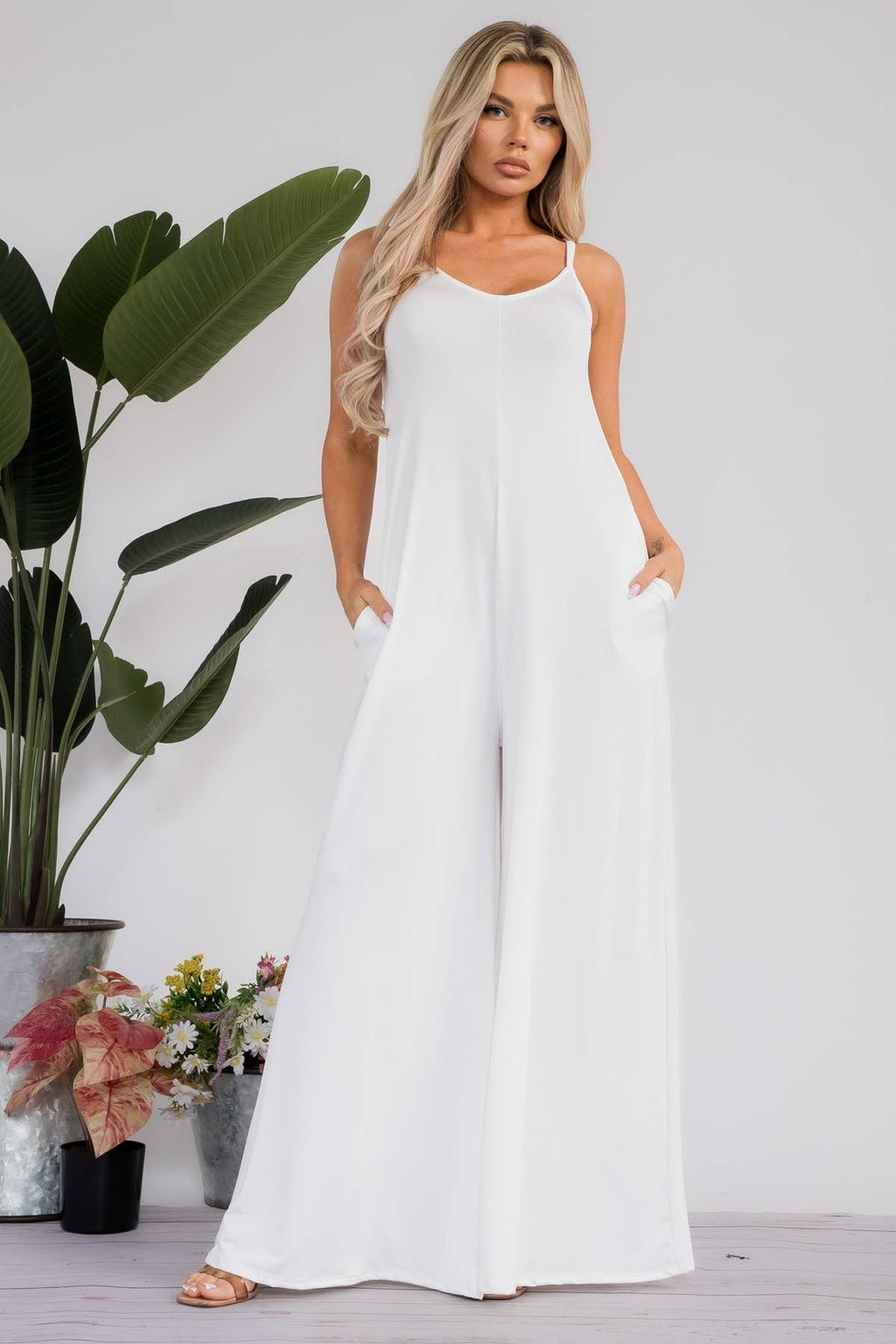 HH697R-S - Spaghetti Strap Wide Leg Jumpsuit