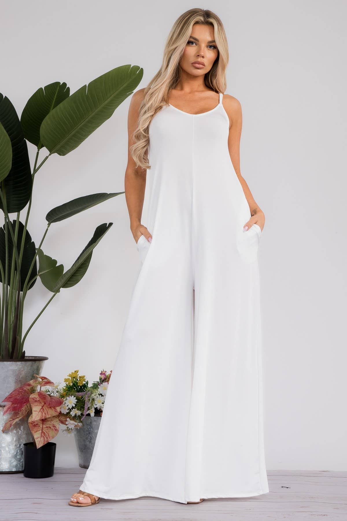 HH697R-S - Spaghetti Strap Wide Leg Jumpsuit