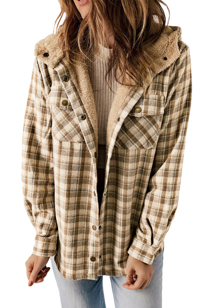 Khaki Snap Button Sherpa Lined Hooded Flannel Jacket