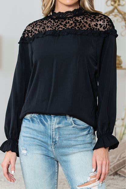 Black Leopard Sheer Splicing Lace Neck Ruffle Blouse