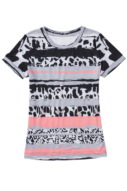 Cow Leopard Striped O-Neck Western Tee