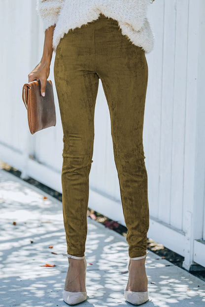 Khaki Mid Rise Faux Suede Skinny Leggings