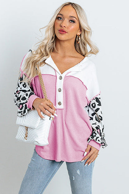 Pink Waffle Knit Leopard Sleeve Patchwork Henley Top