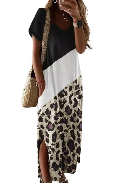 Black Leopard Color Block Side Slit T Shirt Maxi Dress