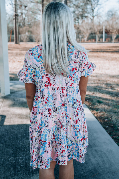 Pink Abstract Print Boho Tiered Ruffled Short Dress